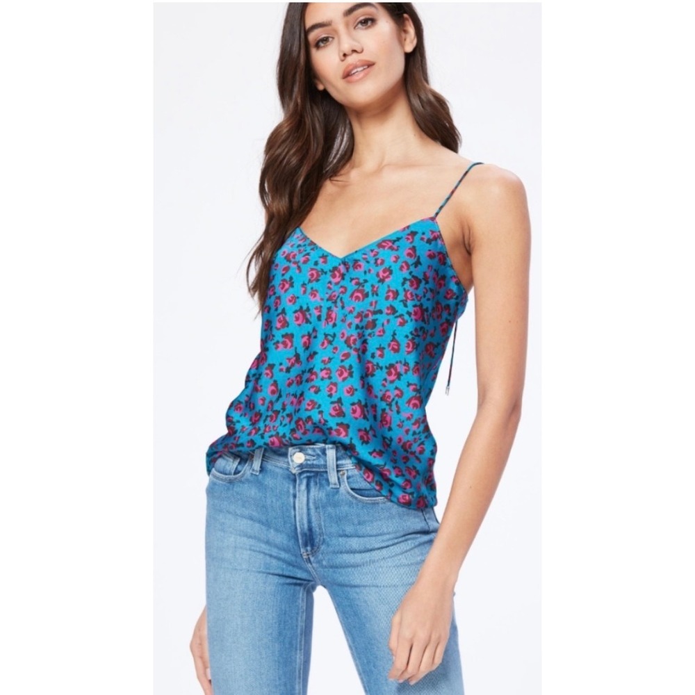 PAIGE Cicely Cami‎ Womens Medium Neon Blue Meadow Mauve Floral Satin Tank Top